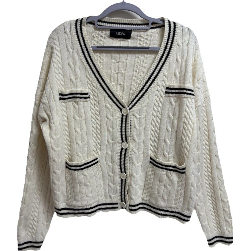 CIDER Cable Knit Cardigan‎ Womens Large Ivory Black Stripe V Neck Button Sweater